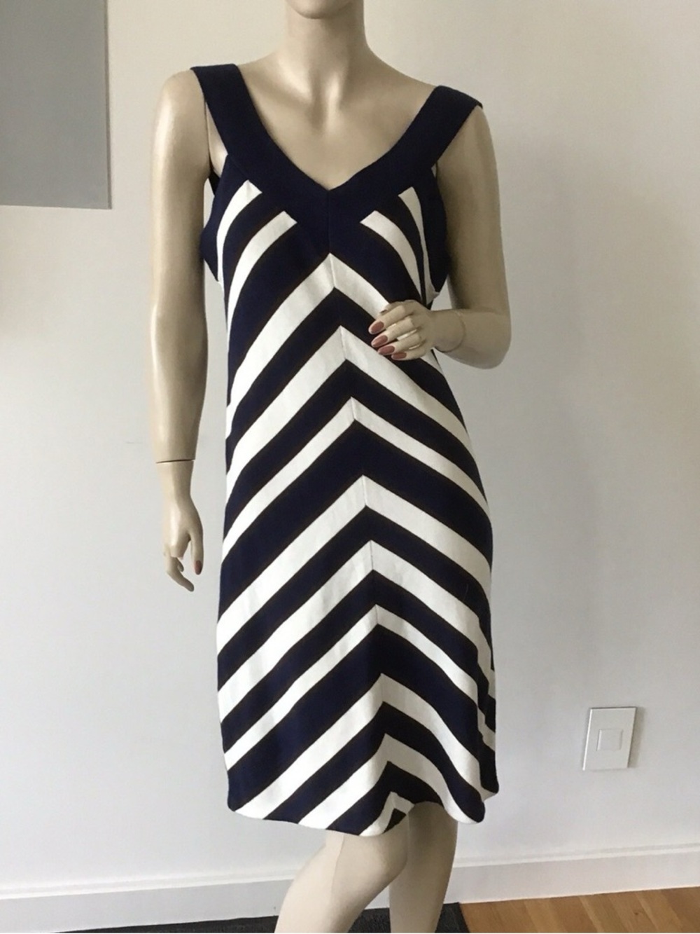 ✨💙 Milly Chevron Stripe Silk Cashmere Sweater Tank Dress Navy White Size S